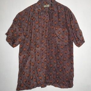 Vintage Robert Stock 100% Silk Short Sleeve Button Up Shirt Geometric Pattern XL